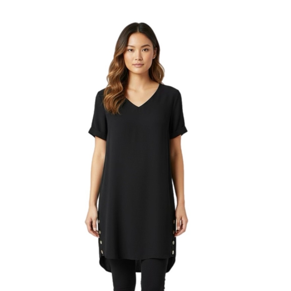 Madewell Black V-Neck Dress Size Small Button Hem Short Sleeve Viscose
